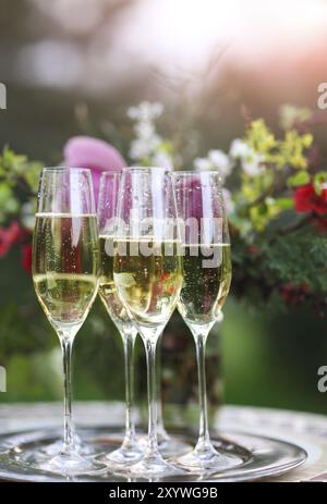 Champagne glasses on silver tray outdoors Stock Photo