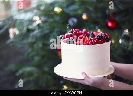 Woman holding Christmas Cake decorated with berries by the Christmas tree Stock Photo