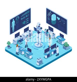 Isometric AI Robot Assisting Team of Medical Professionals In Lab. AI Diagnostics and AI-Powered Pharmaceutical Development Stock Vector