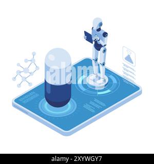 Isometric Pharmaceutical Research by AI Robot. AI-Powered Pharmaceutical Discovery and Development Stock Vector
