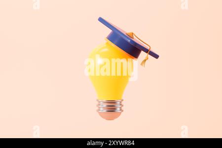 Cartoon graduation hat on light bulb, graduation of university concept, 3d rendering. 3d illustration. Stock Photo