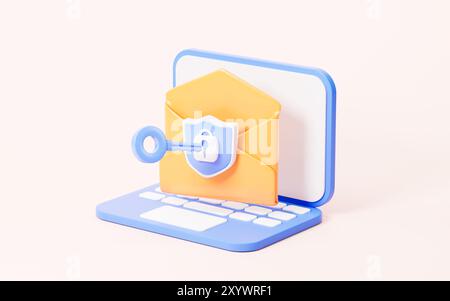 Cartoon mail with shield, unlock encrypted email , 3d rendering. 3d illustration. Stock Photo