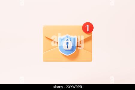 Cartoon mail with shield, mail encryption, 3d rendering. 3d illustration. Stock Photo
