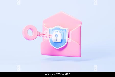 Cartoon mail with shield, unlock encrypted email , 3d rendering. 3d illustration. Stock Photo