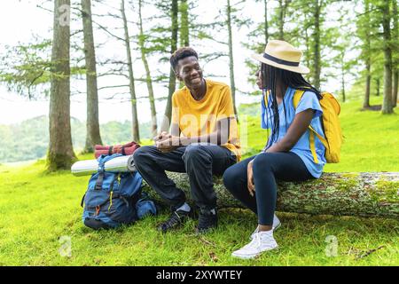 Smiling young african couple sitting on the log in the forest, relaxing and talking Stock Photo