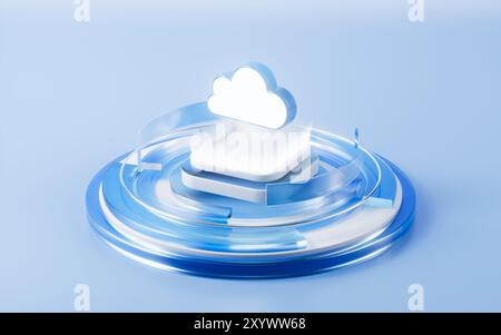 Blue gradient glass stage and cloud computing concept background, 3d rendering. 3d illustration. Stock Photo