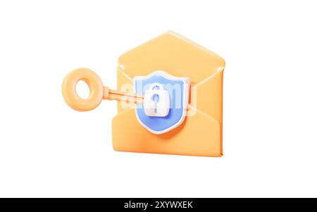 Cartoon mail with shield, unlock encrypted email , 3d rendering. 3d illustration. Stock Photo