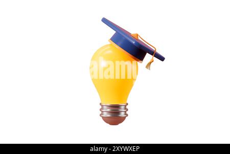 Cartoon graduation hat on light bulb, graduation of university concept, 3d rendering. 3d illustration. Stock Photo