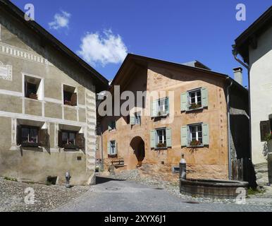 From Wikipedia: Guarda is a municipality in Inn District in the Swiss canton of Graubuenden. Guarda was awarded the Wakker Prize for the preservation Stock Photo