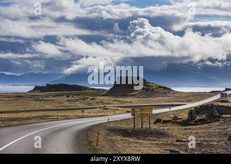 Main road leading past Djupivogur through a barren landscape on Iceland Stock Photo