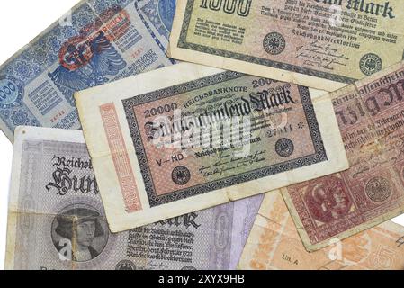 Den Helder, Netherlands. January 2023. Old German banknotes from the time of hyperinflation Stock Photo