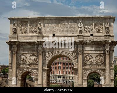 Frontal close-up of the Arch of Constantine with ornate reliefs and arches, Rome, Italy, Europe Stock Photo