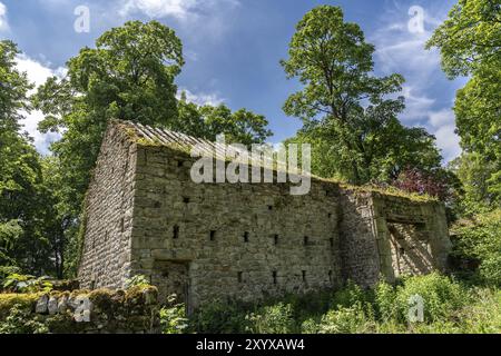 Linton, North Yorkshire, England, UK, June 05, 2018: An old stone barn in a garden Stock Photo