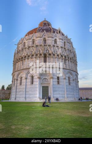 Pisa, Italy, October 25, 2018: Blue hour evening view of Baptistery, Cathedral on Square of Miracles, Europe Stock Photo