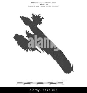 Arbe Island in the Adriatic Sea, belonging to Croatia, isolated on a bilevel elevation map, with distance scale Stock Photo