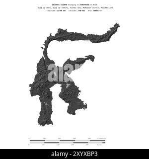 Celebes Island in the Java Sea, belonging to Indonesia, isolated on a bilevel elevation map, with distance scale Stock Photo