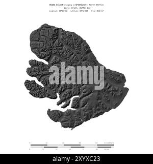Disko Island in the Baffin Bay, belonging to Greenland, isolated on a bilevel elevation map, with distance scale Stock Photo