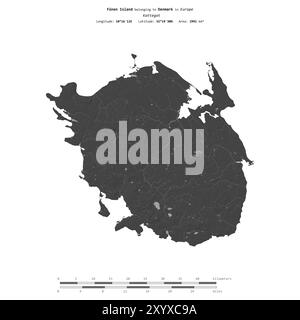 Funen Island in the Kattegat, belonging to Denmark, isolated on a bilevel elevation map, with distance scale Stock Photo