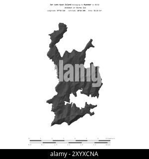 Jar Lann Kyun Island in the Andaman or Burma Sea, belonging to Myanmar, isolated on a bilevel elevation map, with distance scale Stock Photo