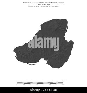 Kosrae Island in the North Pacific Ocean, belonging to Federated States of Micronesia, isolated on a bilevel elevation map, with distance scale Stock Photo