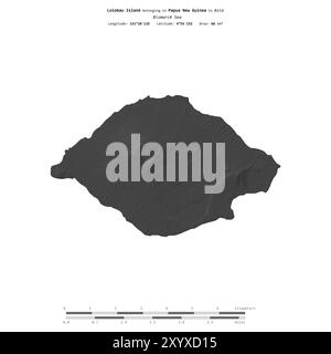 Lolobau Island in the Bismarck Sea, belonging to Papua New Guinea, isolated on a bilevel elevation map, with distance scale Stock Photo