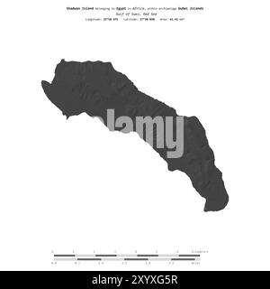 Shadwan Island in the Red Sea, belonging to Egypt, isolated on a bilevel elevation map, with distance scale Stock Photo