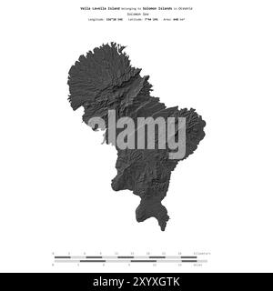 Vella Lavella Island in the Solomon Sea, belonging to Solomon Islands, isolated on a bilevel elevation map, with distance scale Stock Photo