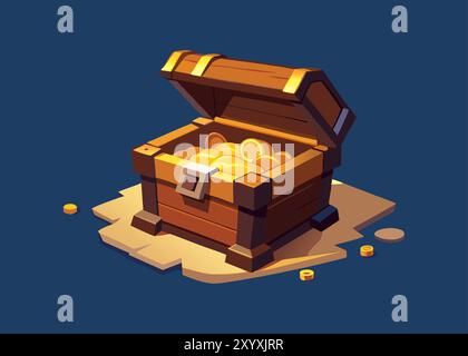 Cartoon open treasure chest vector illustration, pirate treasures clip art, wooden treasure chest full of gold coins Stock Vector