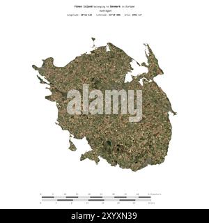 Funen Island in the Kattegat, belonging to Denmark, isolated on a satellite image taken in April 9, 2020, with distance scale Stock Photo