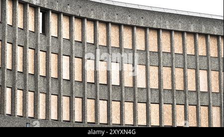 Oslo, Norway, July 22 2012: Boarded up windows atY-blokka at Regjeringskvartalet after the 2011 bombing, Europe Stock Photo