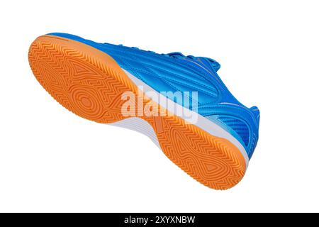 Blue leather sneaker with polyurethane sole on a white background. Stock Photo