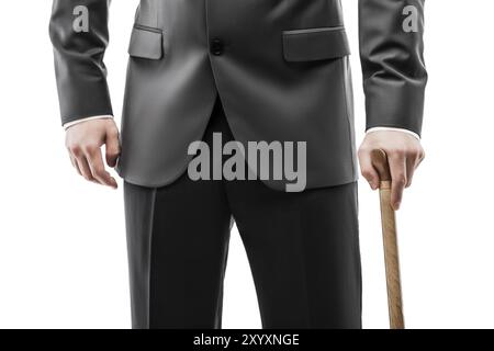 Businessman in black suit hand holding wooden walking cane stick white isolated Stock Photo