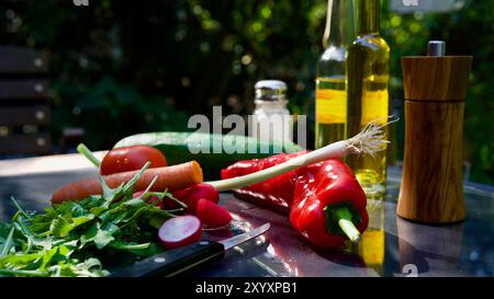 Various vegetables for a fresh salad on the table. Stock Photo