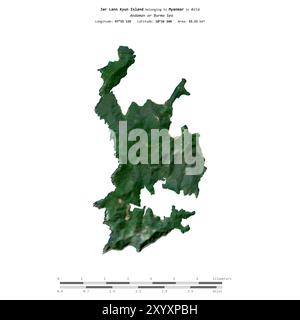 Jar Lann Kyun Island in the Andaman or Burma Sea, belonging to Myanmar, isolated on a satellite image taken in December 20, 2021, with distance scale Stock Photo