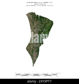 Ko Kho Khao Island in the Andaman or Burma Sea, belonging to Thailand, isolated on a satellite image taken in March 10, 2021, with distance scale Stock Photo