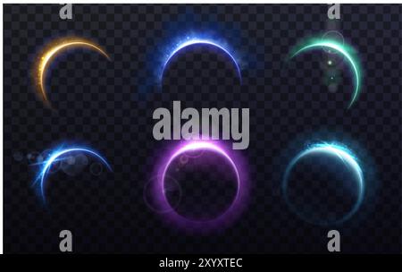 illustration. Solar eclipses in blue, violet, orange color with sun beams, sparkles and space dust. Isolated on dark space transparent background. Stock Vector