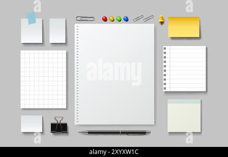 Notebook and note paper sheets, office supplies. Vector Stock Vector