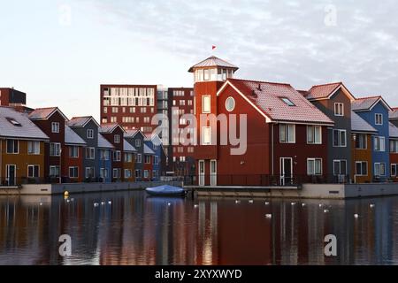 Colorful buildings on water in Groningen, Netherlands Stock Photo