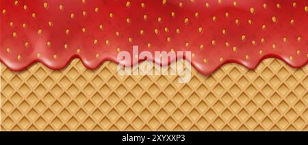 3d realistic icon illustration. Liquid strawberry waffle texture pattern. Stock Vector