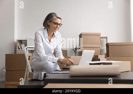 Logistics manager working on laptop, processing shipments, update inventory Stock Photo