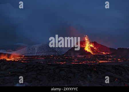 Fagradalsfjall volcanic eruption at night in Reykjanes peninsula around 40 kilometres from Reykjavik, Iceland, Europe Stock Photo