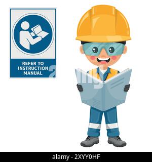 Industrial Safety Engineer with mandatory Refer to instruction manual booklet sign. Safety first. Reading the instruction manual before starting work. Stock Vector