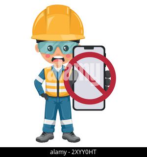 Industrial safety engineer with prohibition sign no activated mobile phone. Turning the mobile phone off or not switching it on. Safety first. Industr Stock Vector