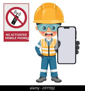 Industrial safety engineer with prohibition sign no activated mobile phone. Turning the mobile phone off or not switching it on. Safety first. Industr Stock Vector