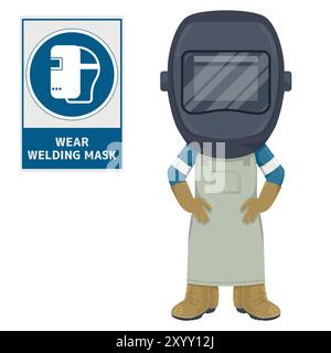 Welding engineer with mandatory sign wear a welding mask to avoid hot flying particles, intense light and UV radiation from welding activity. Industri Stock Vector