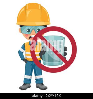 Not drinking water. To prohibit drinking of unsuitable water. Industrial safety engineer with a glass of water undrinkable. Safety first. Industrial s Stock Vector