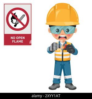 Industrial safety engineer with prohibition sign No open flame; Fire, open ignition source and smoking prohibited. Lit match. Safety first. Industrial Stock Vector