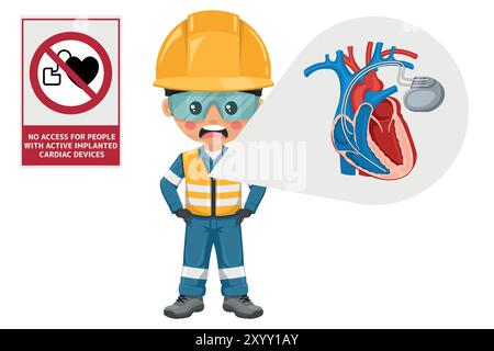 No access for people with active implanted cardiac devices. Interference to the operation of or damage to active implanted cardiac devices from equipm Stock Vector