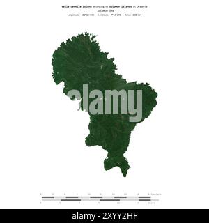 Vella Lavella Island in the Solomon Sea, belonging to Solomon Islands, isolated on a satellite image taken in June 12, 2021, with distance scale Stock Photo