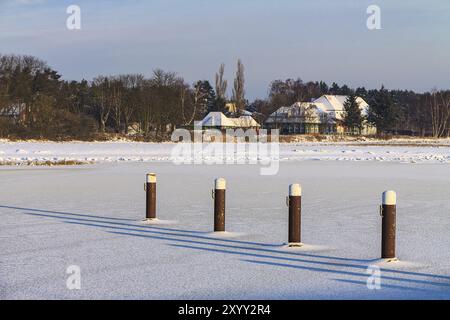 Winter on the Prerow Current with snow Stock Photo